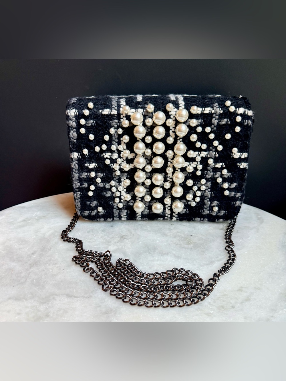 Chico's Pearl Embellished Tweed Crossbody Bag Black White Evening Clutch